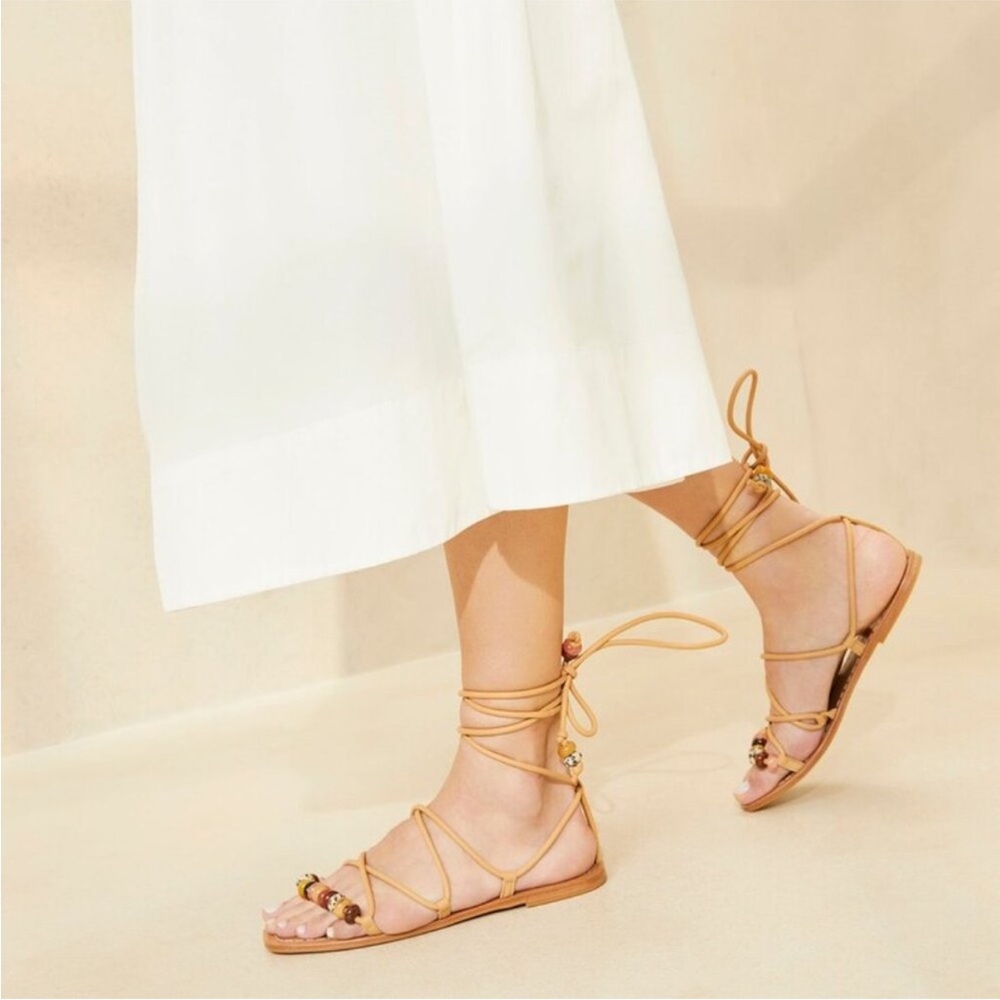 New LOEFFLER RANDALL Colleen Beaded Lace-Up Plank Greek gladiator Sandals 11